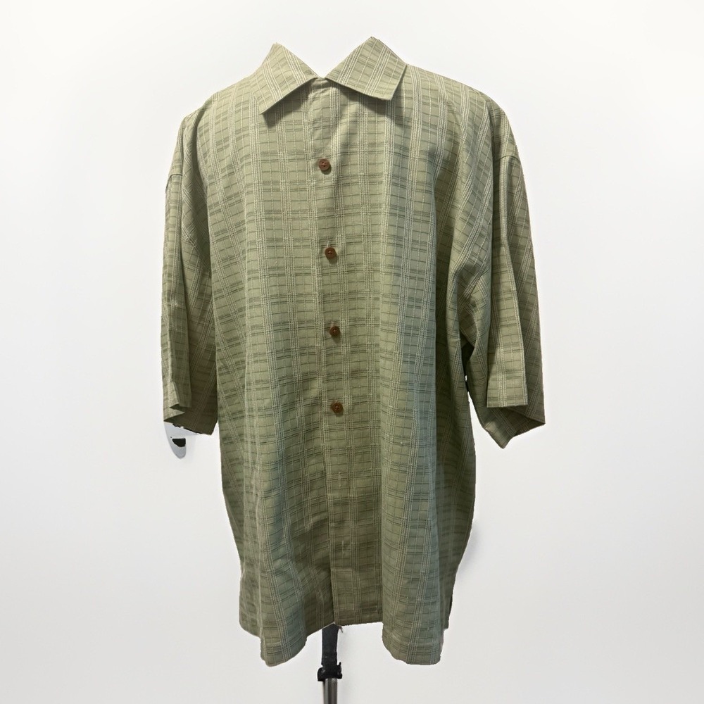 Pusser's Island Reserve Mens Large Short Sleeve Shirt Silk Blend Green Plaid